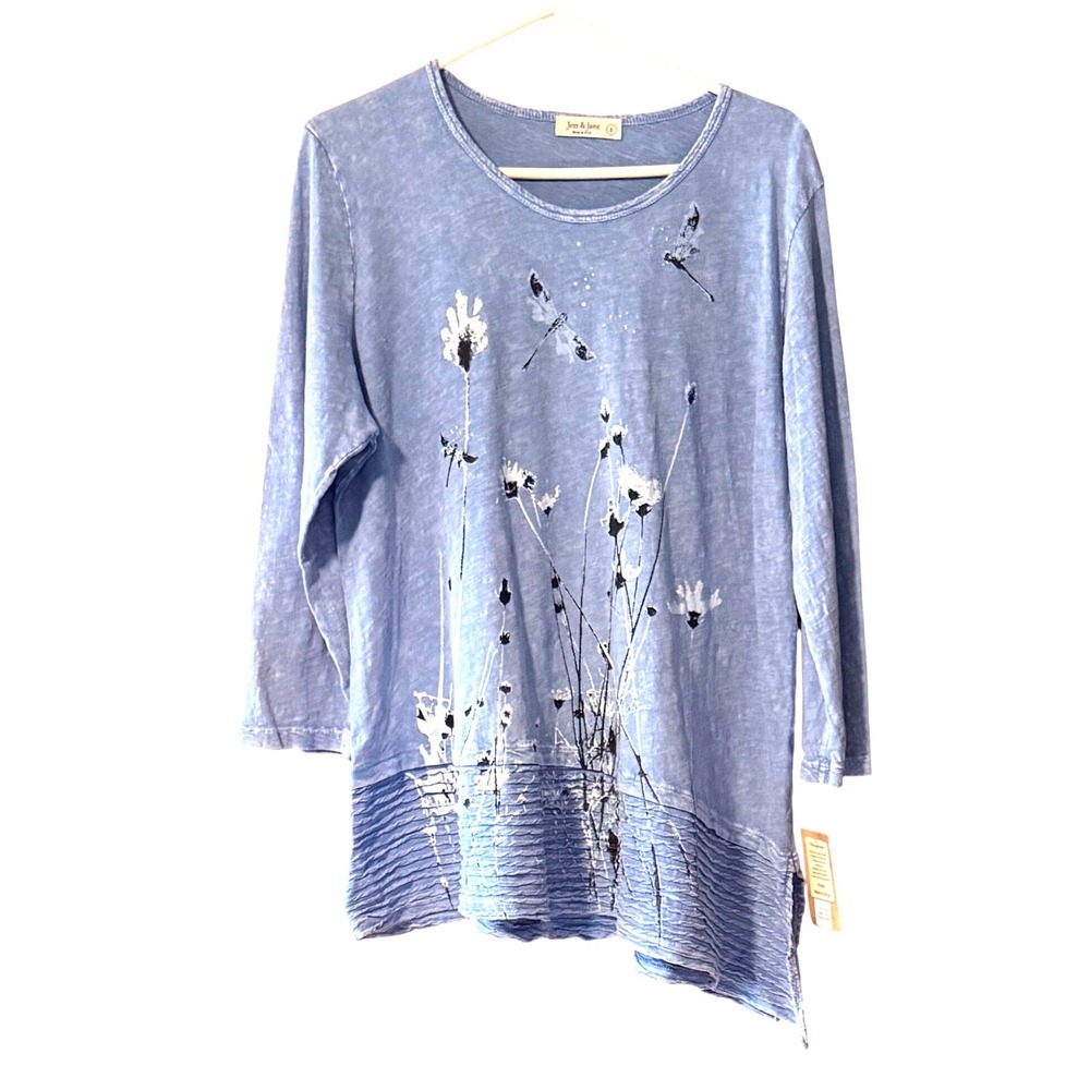 Jess & Jane Tunic Top Size L Blue NWT Dragonfly Asymmetrical Hem Art to Wear - Picture 2 of 10
